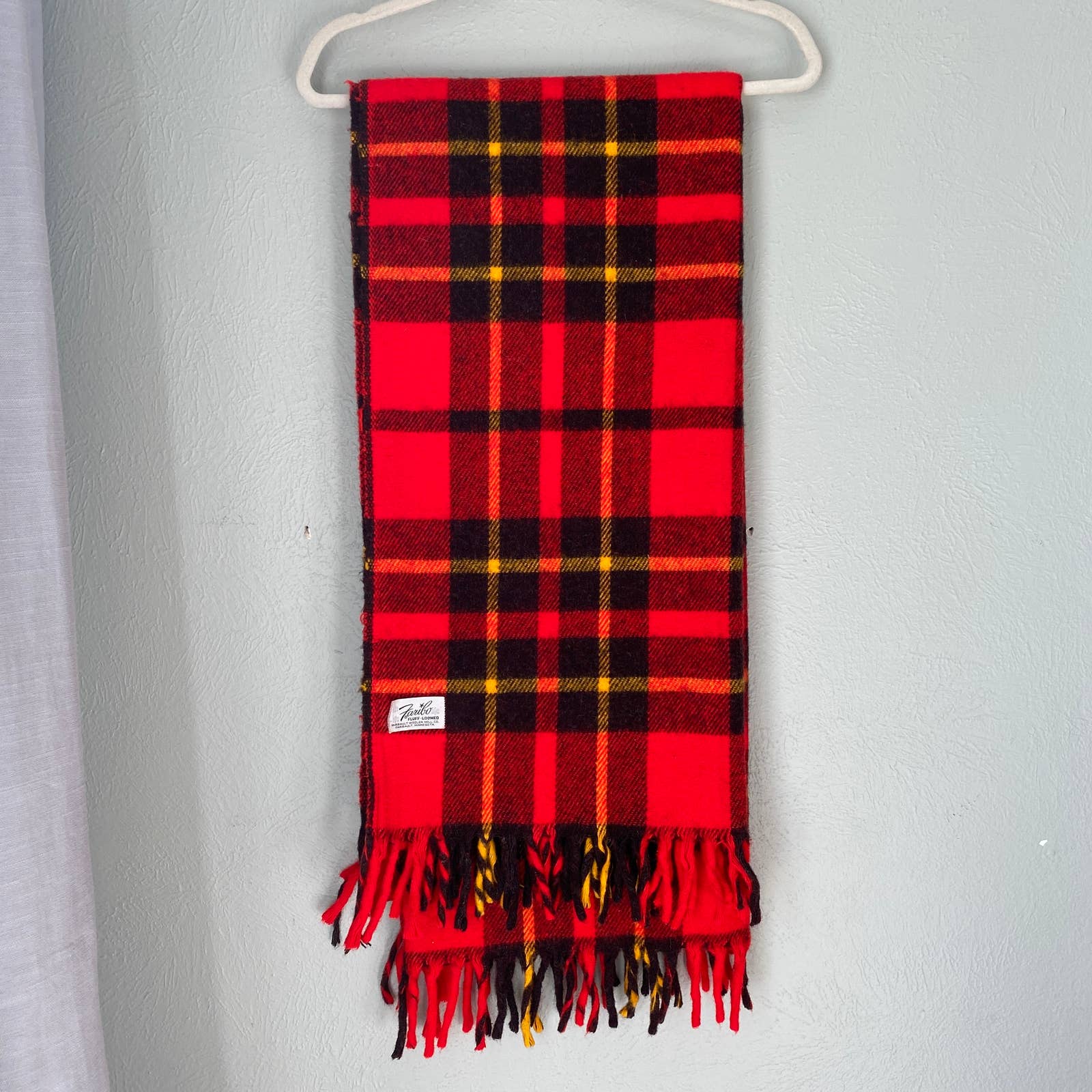 Vintage Faribo Fluff Loomed Red Plaid Merino Wool Blanket Faribault Woolon Mills