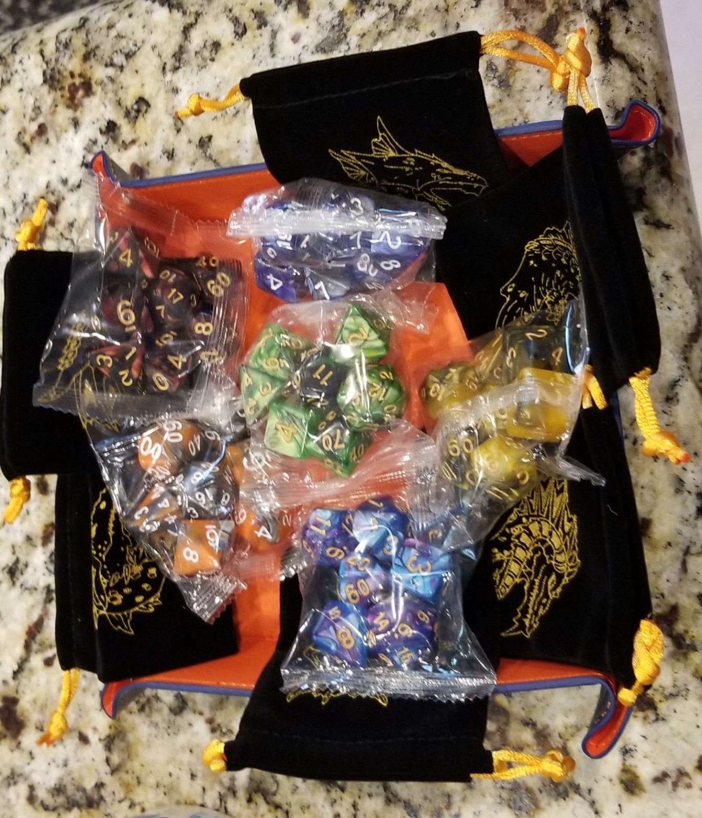 6 Set (42) DND Dice Dungeons Dragons Rolling Dice Includes 6 Bags and Dice Tray