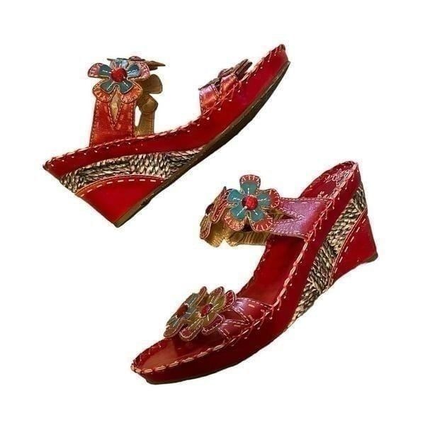 Spring Step Deandrea Wedge Floral Leather Wedge Slides 39 or 8.5 NEW