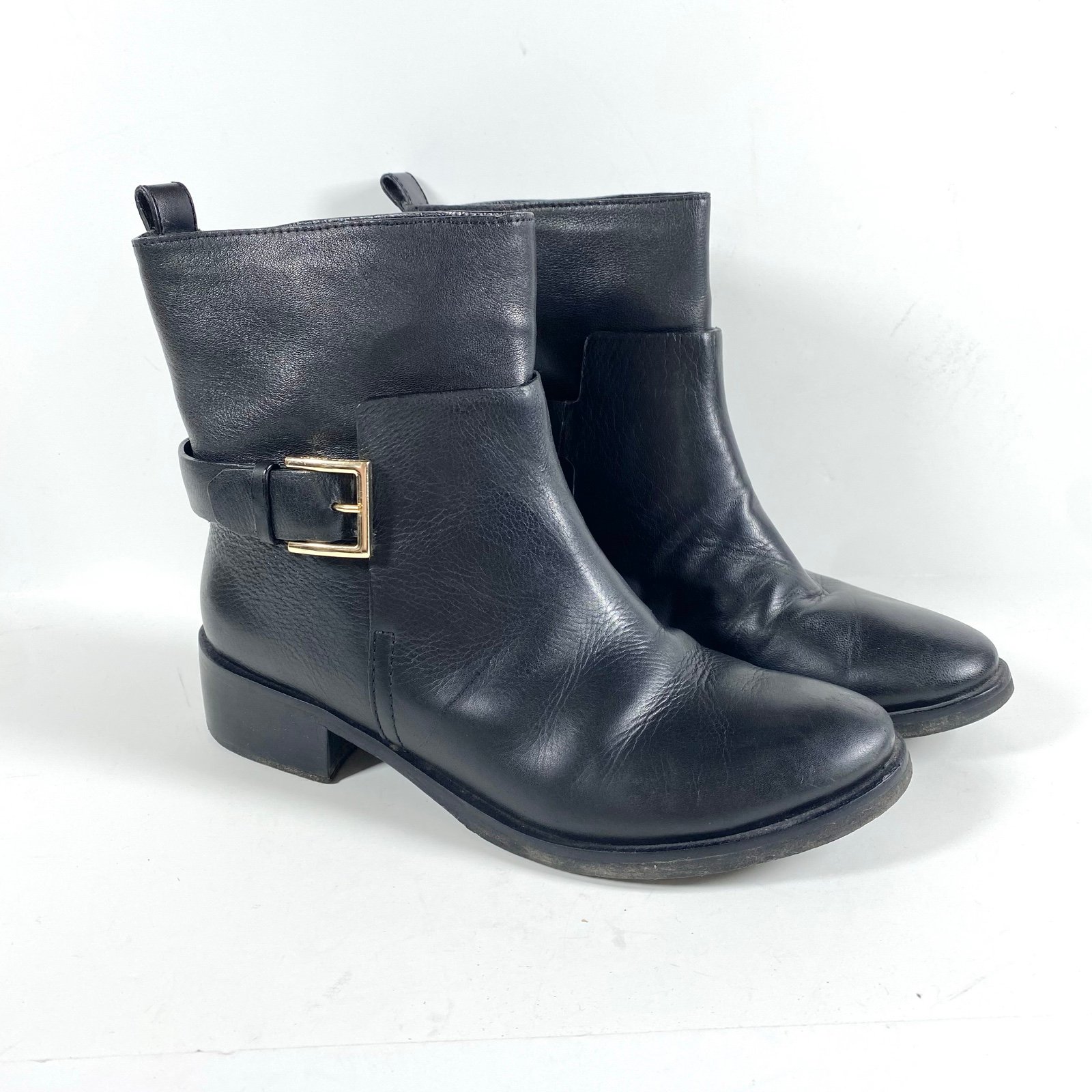Tory Burch Black Tumbled Leather Moto Ankle Boots Mid Buckle Booties size 9