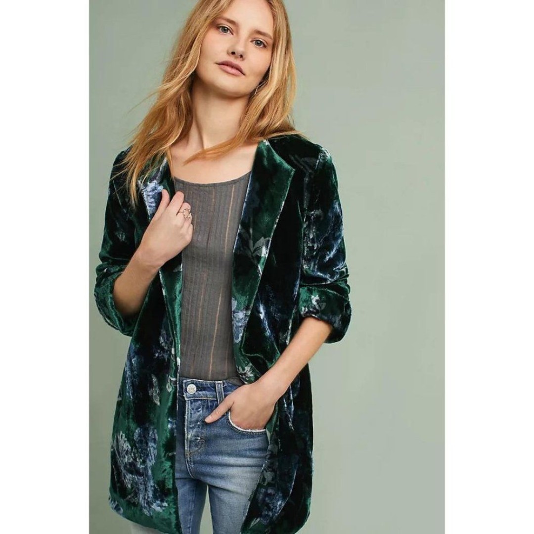 Anthropologie Eva Franco Floral Velvet Car Coat Green Blue Size XS