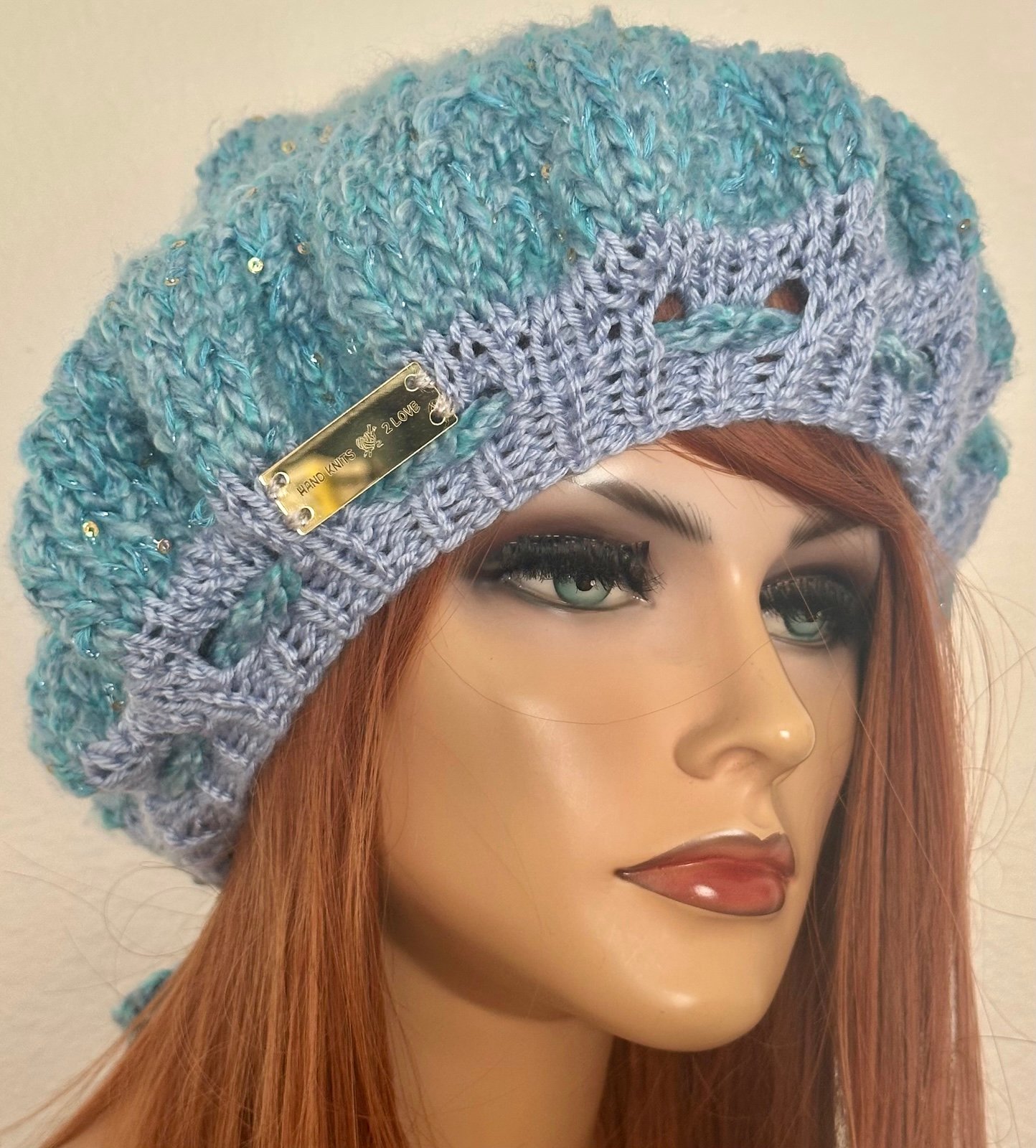 Hand Knits 2 Love Slouch Beanie Hat Designer Adjustable Fit Blue Sequence