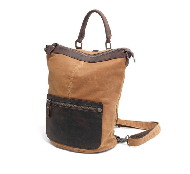 Khaki Color Waterproof Canvas Waxed Leather Handbag Travel Laptop Backpack