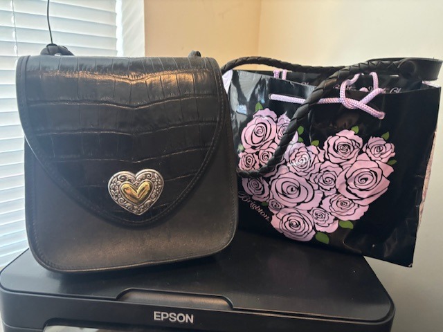 Brighton Black Pebbled Leather w Faux Croco Trim Shoulder Bag Purse Fancy Jewele
