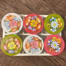 6 vintage quilted Ball Mason Jars with floral lids