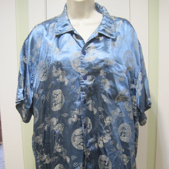 Vintage Street Culture Men's Shirt Metallic Blue & Silver Dragon Print Size L