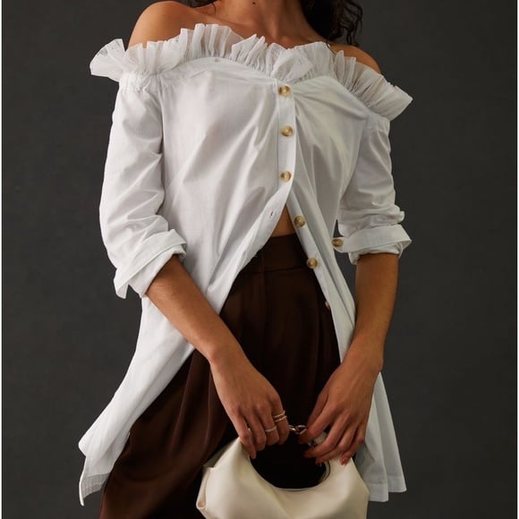 NWT Maeve Anthropologie Blouse Womens MEDIUM White Tulle Button Down Long Cotton