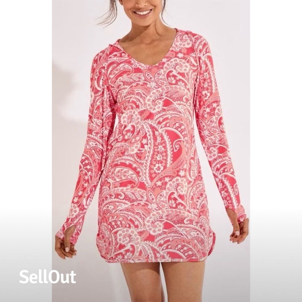 Women's COOLIBAR Pink Paisley Beach Cover-Up Dress Long Sleeve Hooded UPF 50+
