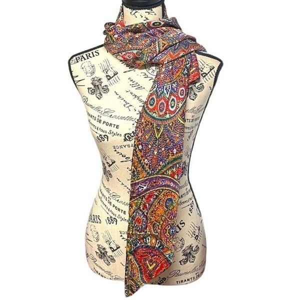 Boho Chic Multicolor Paisley Spring Summer Peacock Large Triangle Shawl Wrap