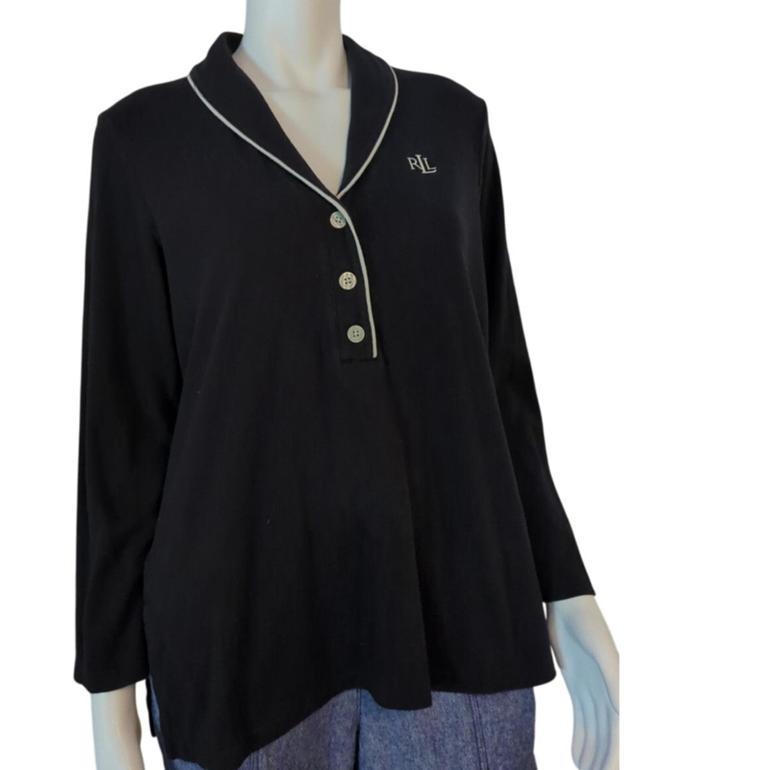 LAUREN RALPH LAUREN Black White Sleepwear Pajama Pullover Top Logo Women Size M