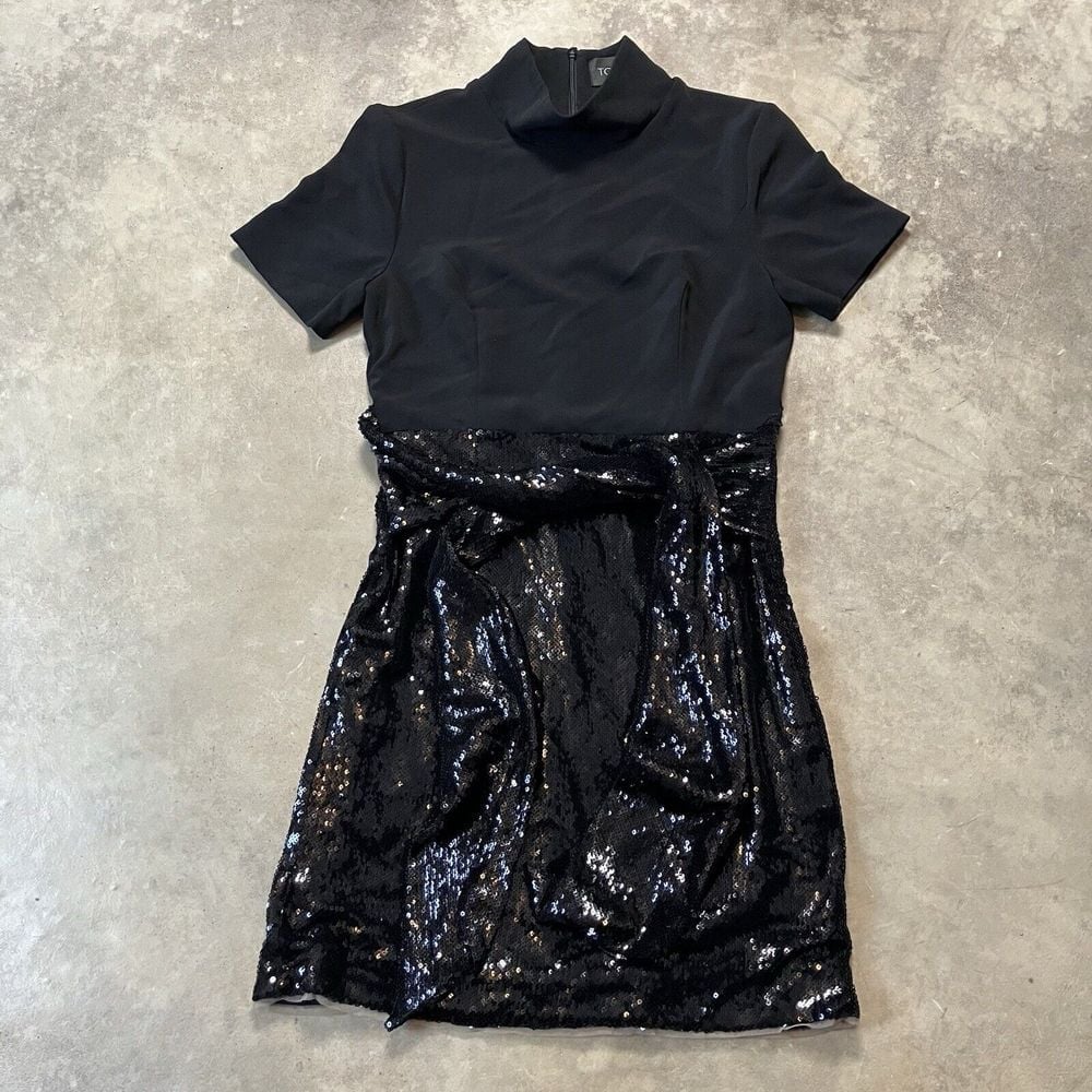 Toccin Dress Womens 8 Black Twisted Embellished Sequin Mini Tie Waist