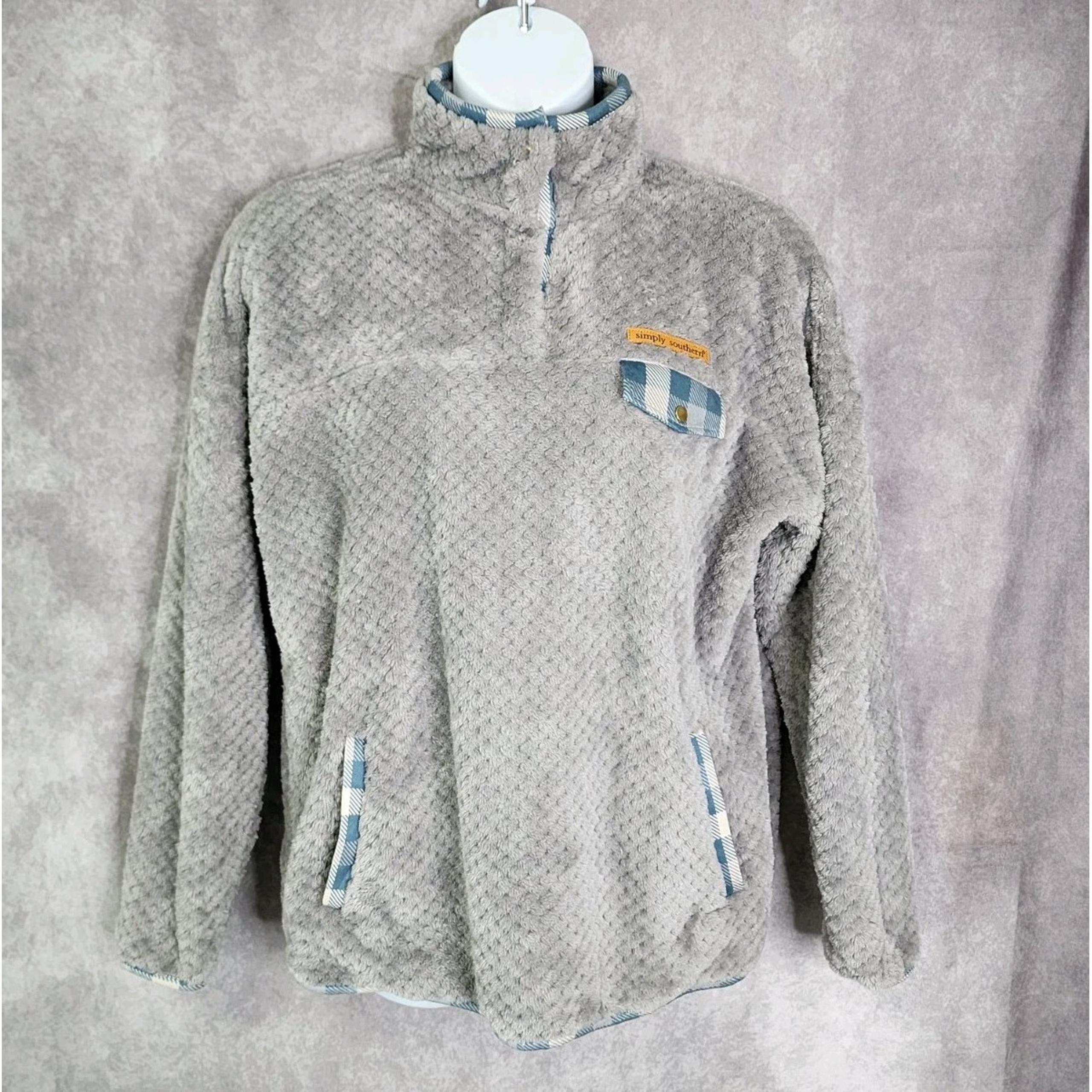 Simply Southern Womens Gray Fleece Pullover Jacket Gray XXL Snap Mock Neck Plaid