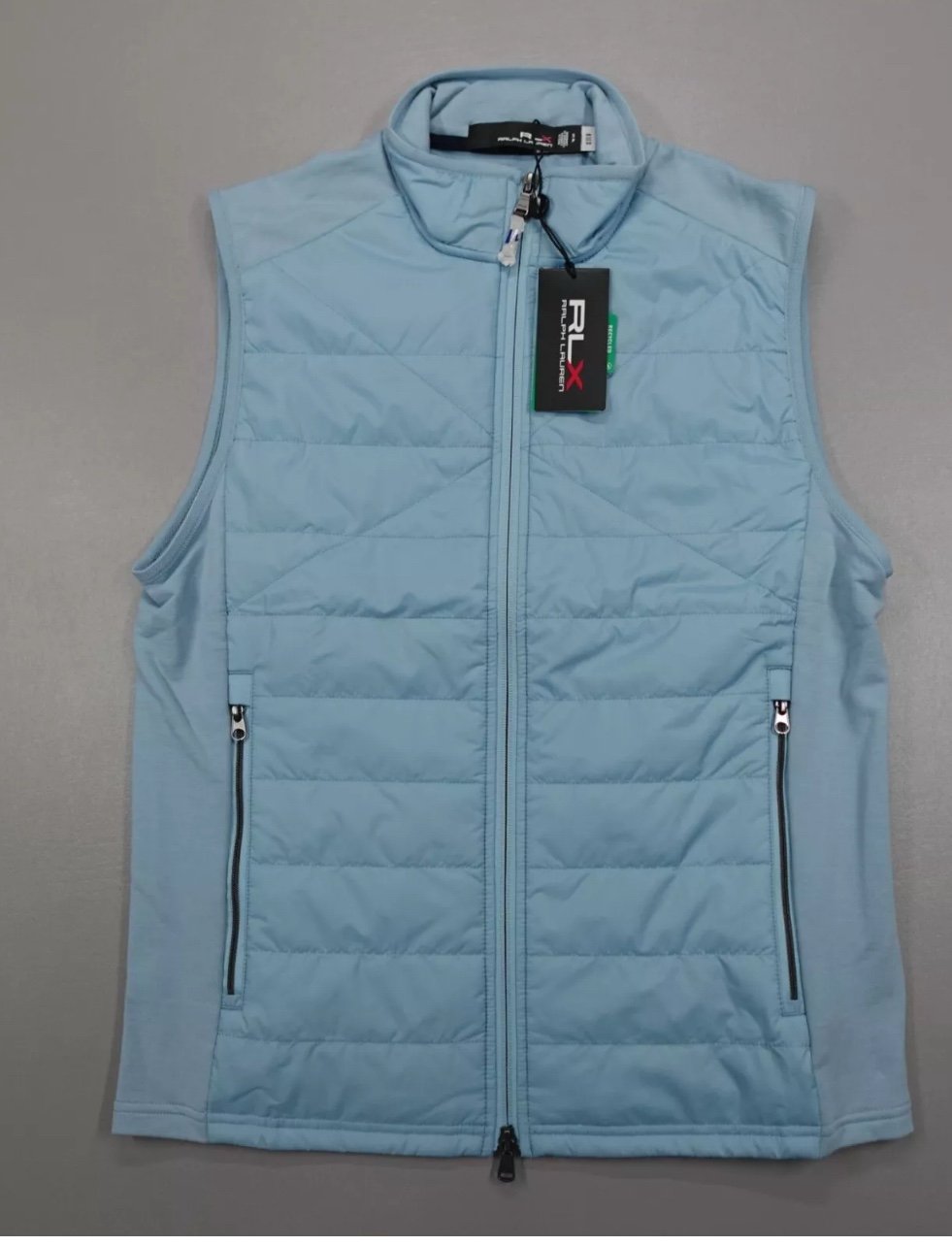 RLX Ralph Lauren Quilted Golf Vest Full Zip Blue Wool Blend Men's Size L 198