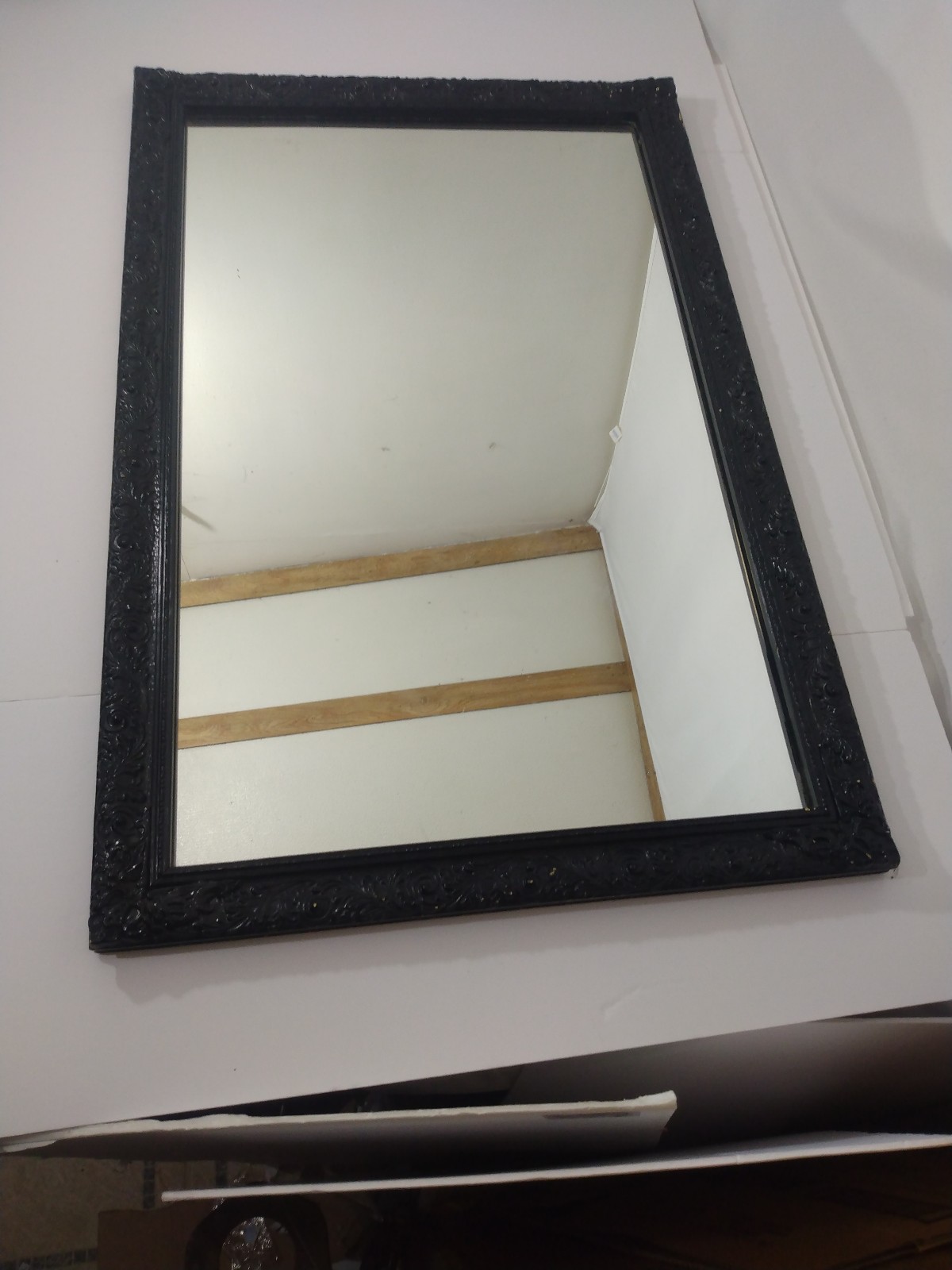 Vintage J A Olson Black Ornate Wall Mirror Carved Wooden Frame 24x36