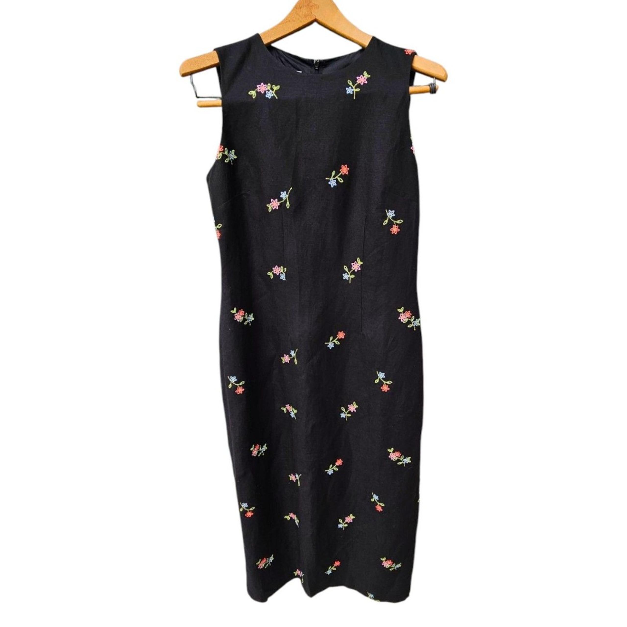 Vtg Talbots Embroidered Floral Linen Black Midi Dress Size 4 PETITE Sleeveless