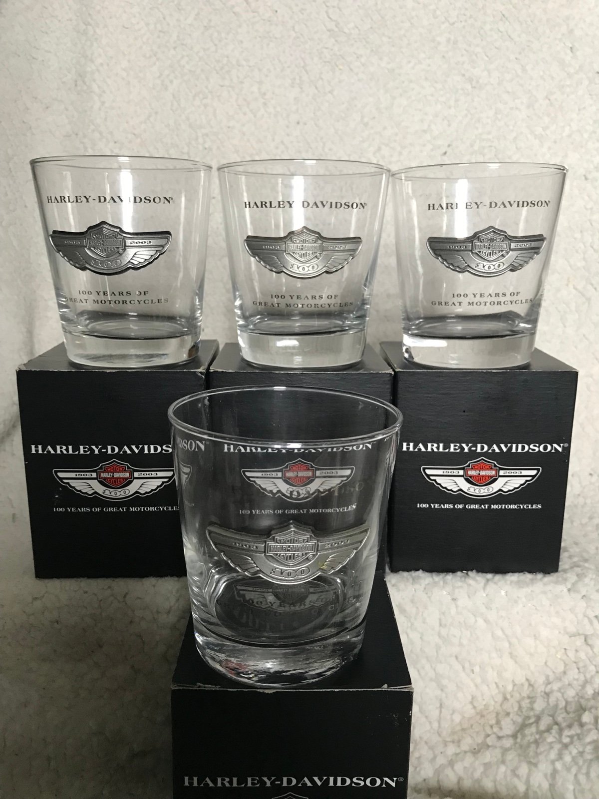 Harley Davidson 100th anniversary Whiskey Glass Double Old Fashioned set of 4!