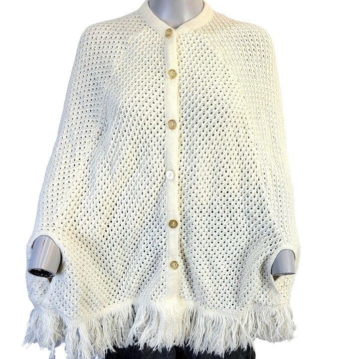 Vintage 70s Crochet Poncho Cardigan Wrap Jacket Shawl Women One Size Fall Winter