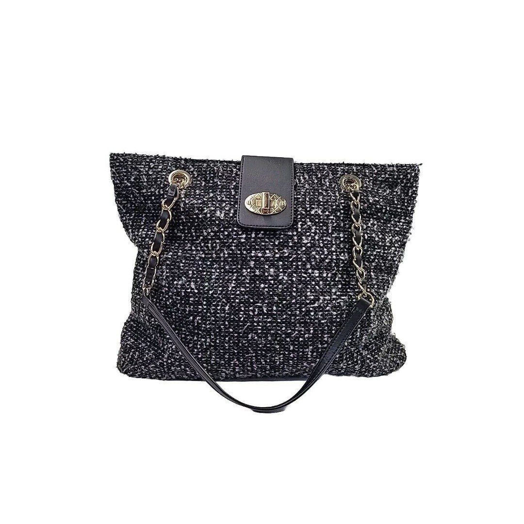 Talbots Tweed Shoulder Tote Bag Leather Wool Large Purse Gold Chain Black Gray