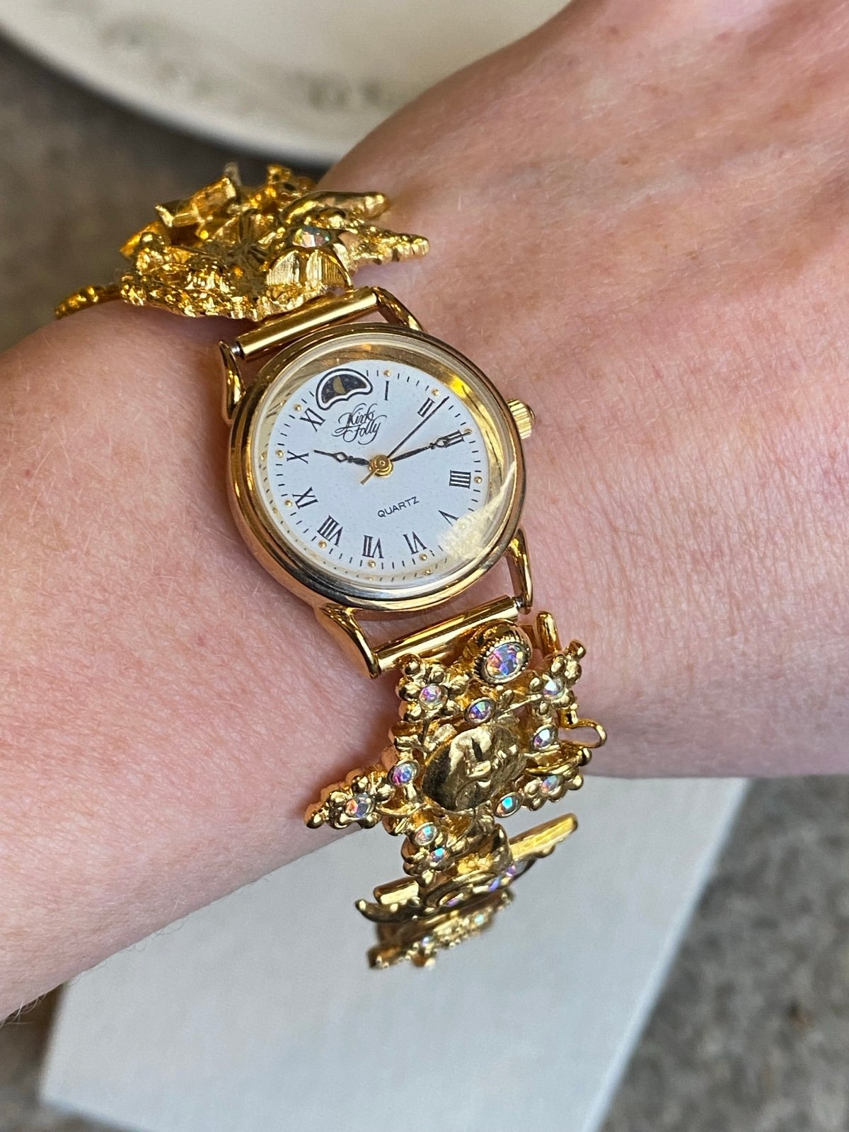 Vintage Kirks Folly Gold Tone Moon Phase Celestial Charm Bracelet Watch