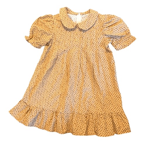 Vintage Girls Tan Brown Floral Print Prairie Dress Ruffles