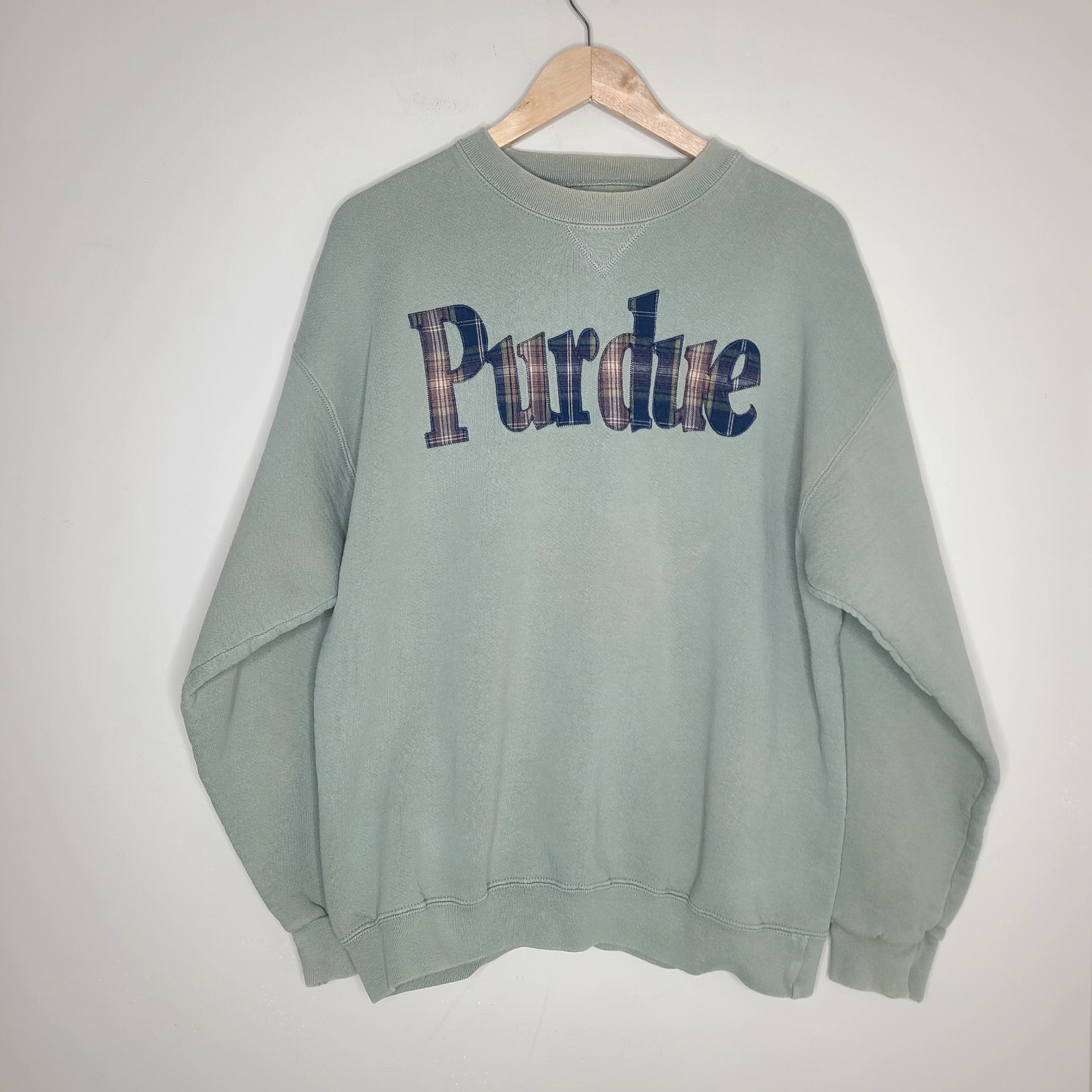 Vtg Purdue University Plaid Sweatshirt Crewneck Boilermakers Distressed L USA