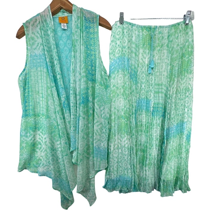 Ruby Rd Broomstick Skirt/Cardigan Set Sz 14 Green/Turquoise Boho Hippie Festival