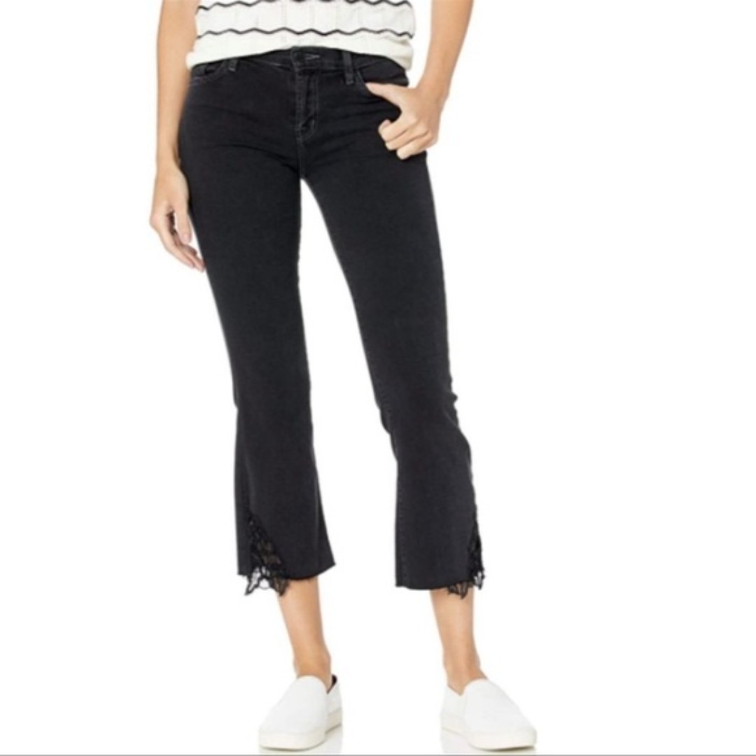 J Brand Black Faded Selena Boot Crop Lace Fringe Slit Raw Hem Mid Rise Jean 26/6