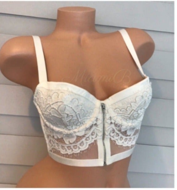 VS white silver lace zip bra bustier Victoria's Secret