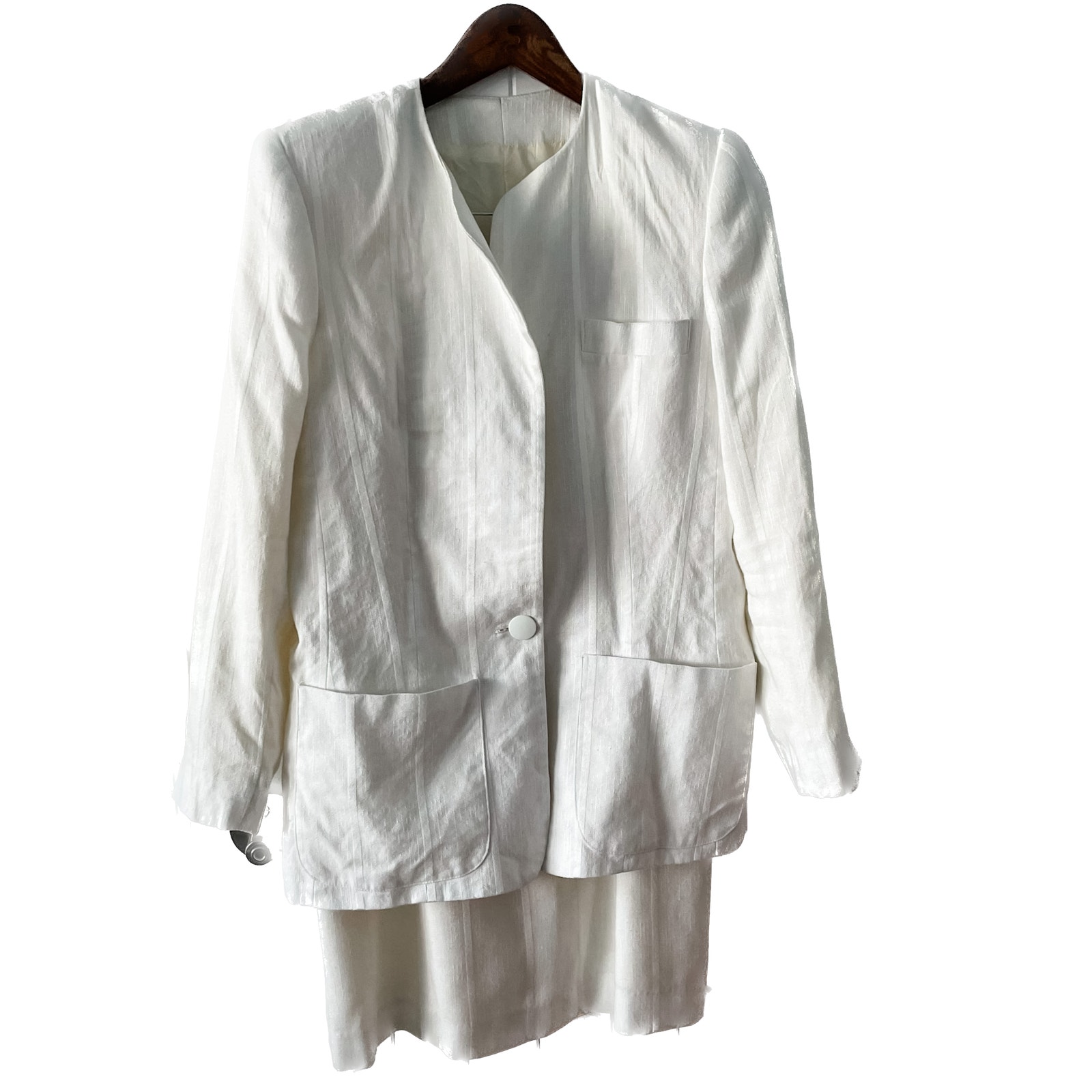 Vintage off white striped blazer jacket pencil skirt suit set size M 8 10