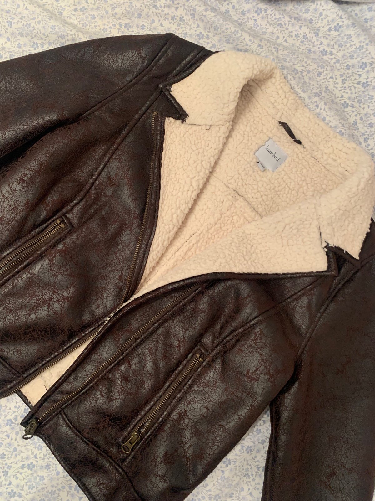Dark Brown Faux Leather Wool Loverbird Distressed Jacket