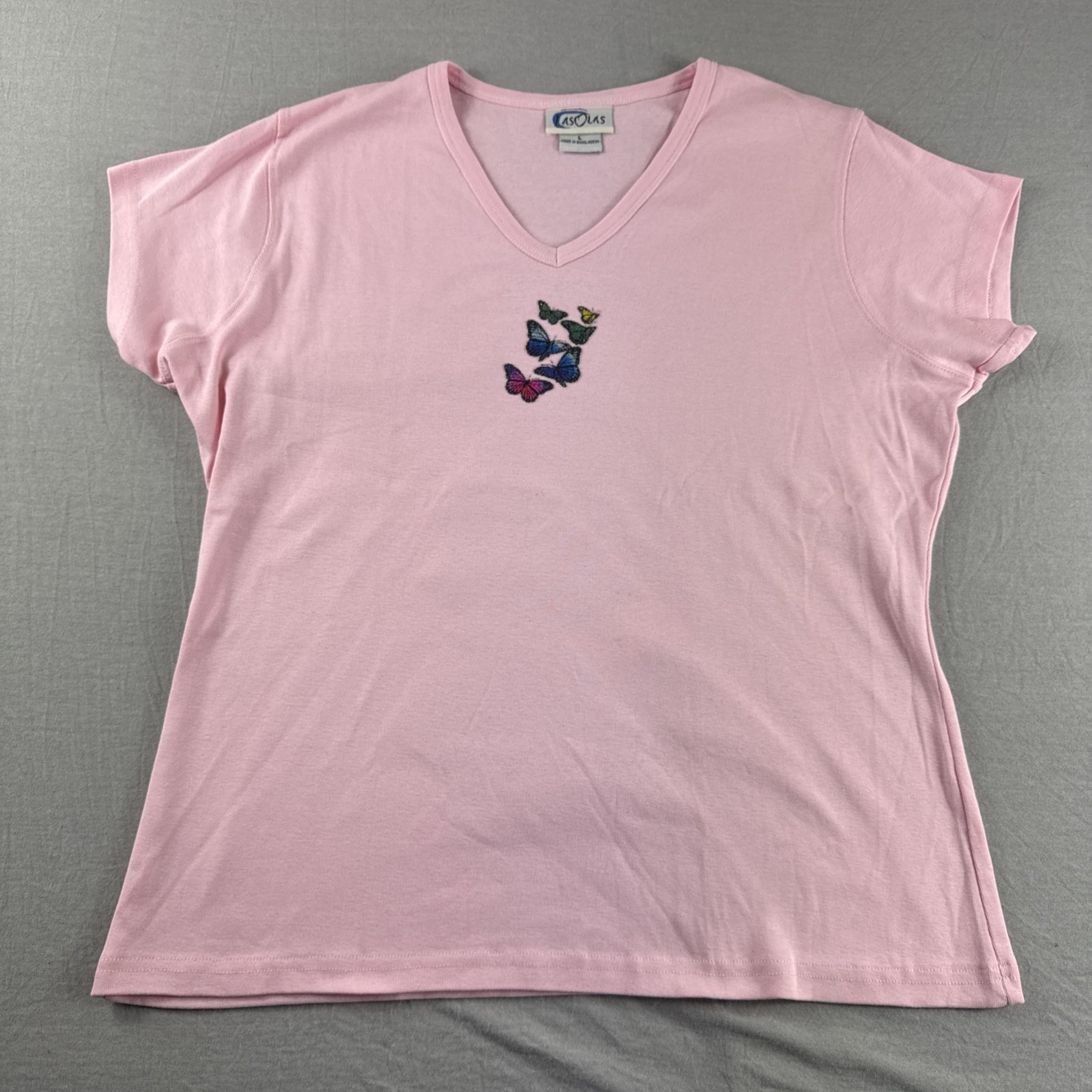Vintage Lasolas T-Shirt Women L Pink Butterfly Short Sleeve V-Neck Combed Cotton