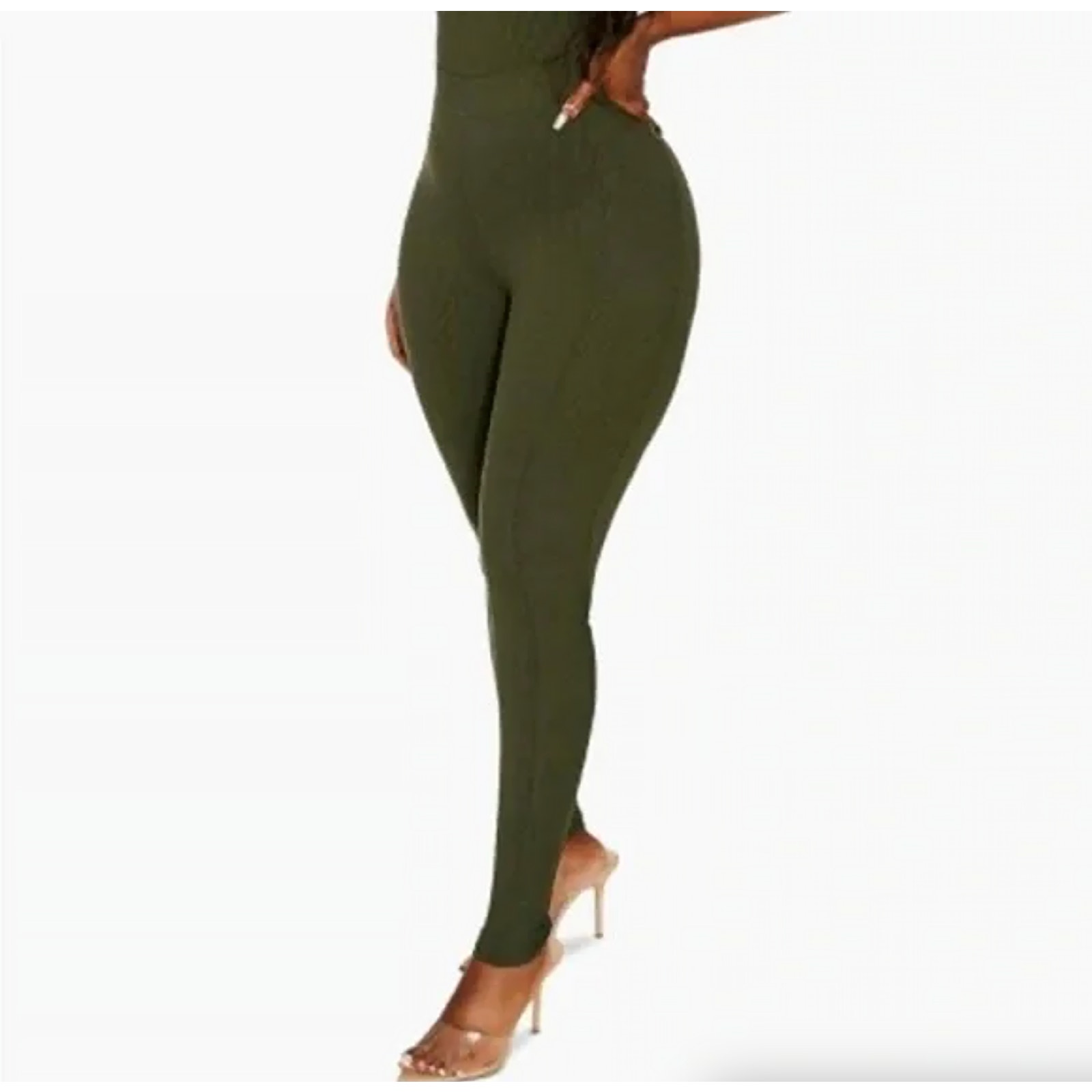 Naked Wardrobe Green Ribbed Knit High Waist Leggings Medium Snatched to the Side