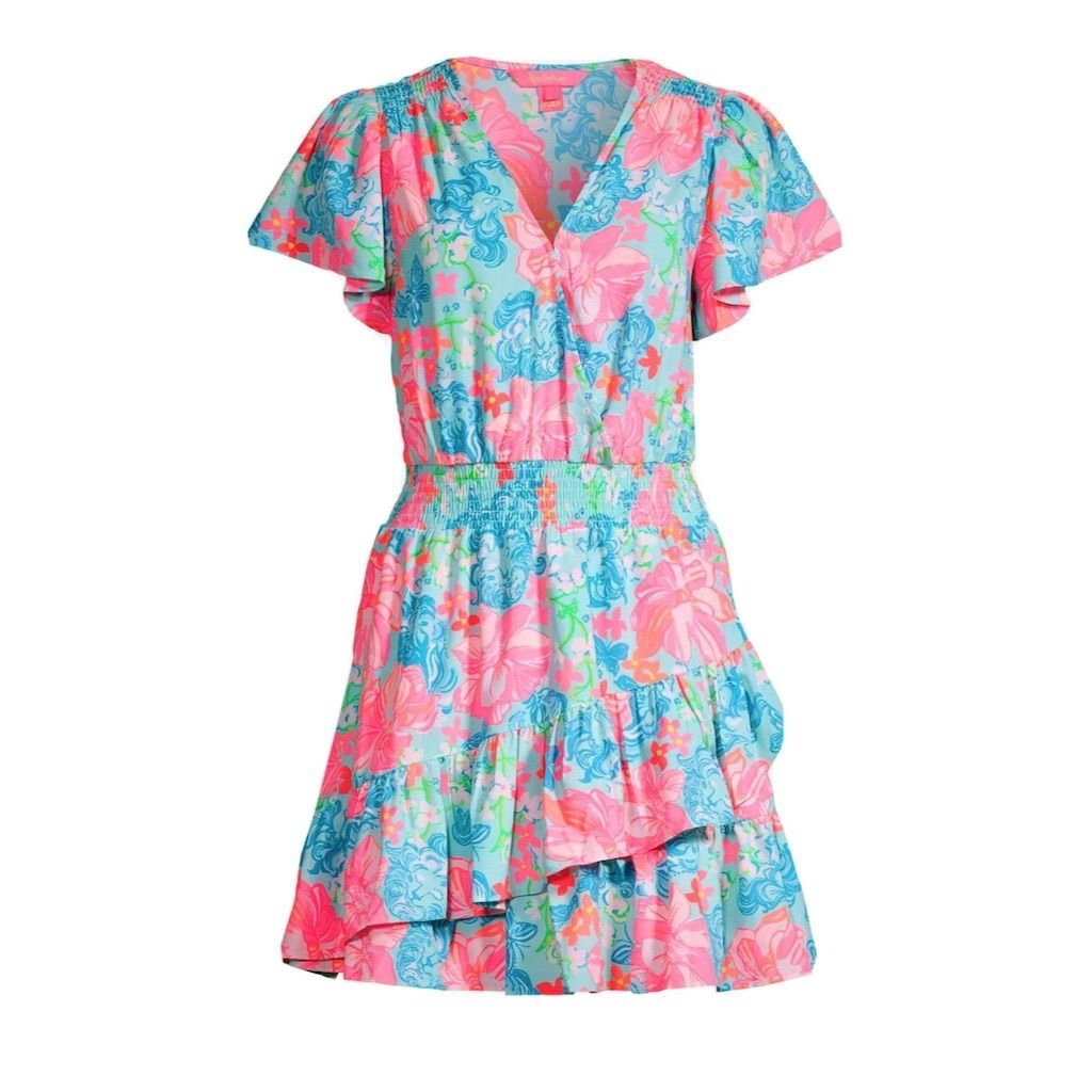 NWT Lilly Pulitzer Maryanne Flutter Sleeve Dress Size 0 Surf Blue Luscious Lions