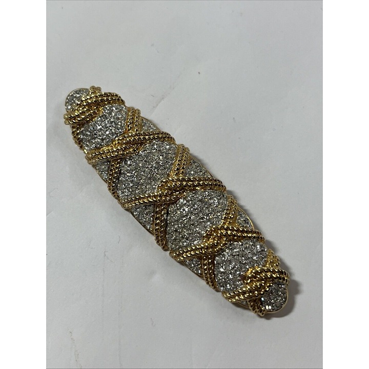 SWAROVSKI Crystal Swan Logo Gold Plated Crystal Rope Oval Brooch Lapel Pin 3”