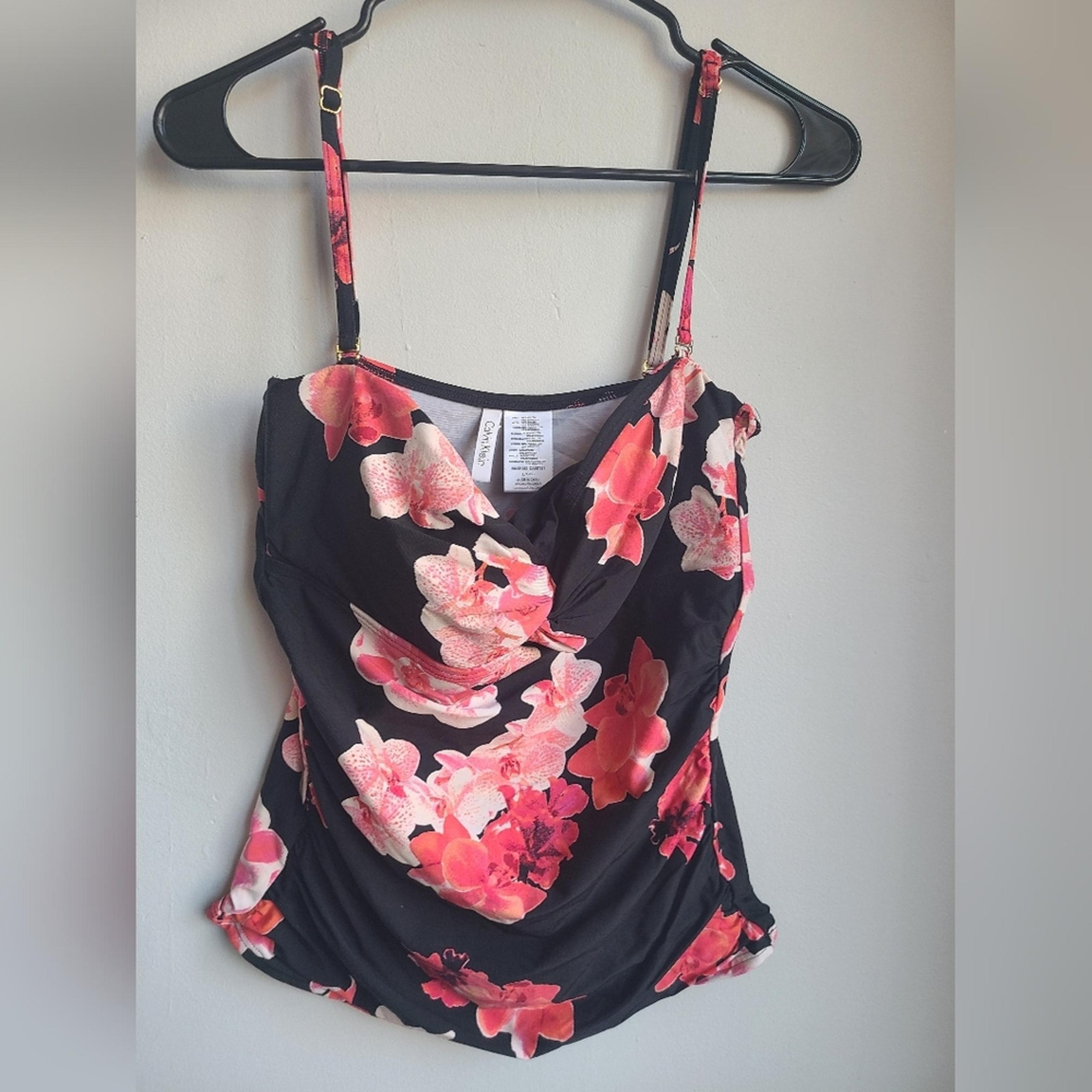 Women's size large Calvin Klein swim top black with pink orchids tankini