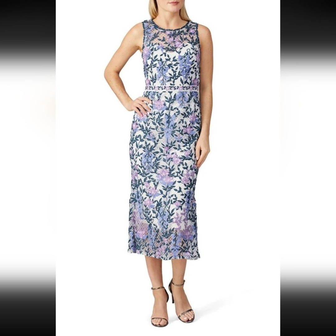 Marchesa Notte White Lace Midi Dress Size 8 Blue Purple Floral