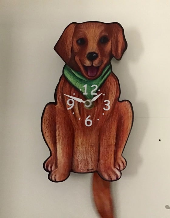 Pink cloud wagging tail dog pendulum decorative clock signed Tara