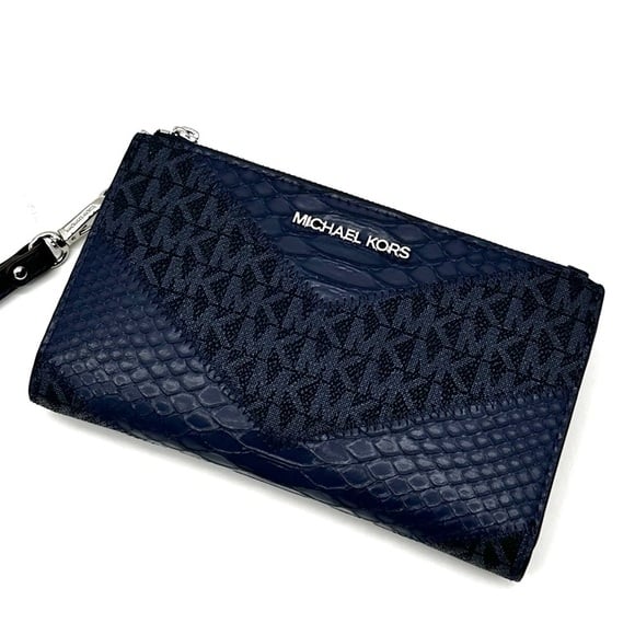 Michael Kors Large Double Zip Wallet Wristlet Navy Blue Multi