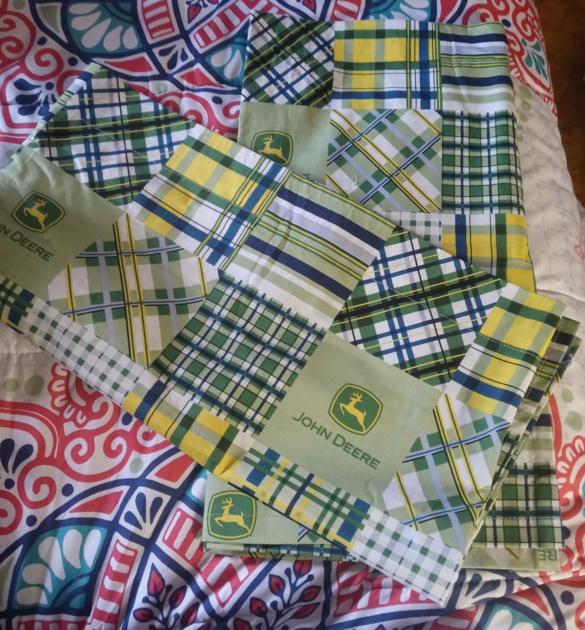 Handmade John Deere Tractor plaid valance set of 2