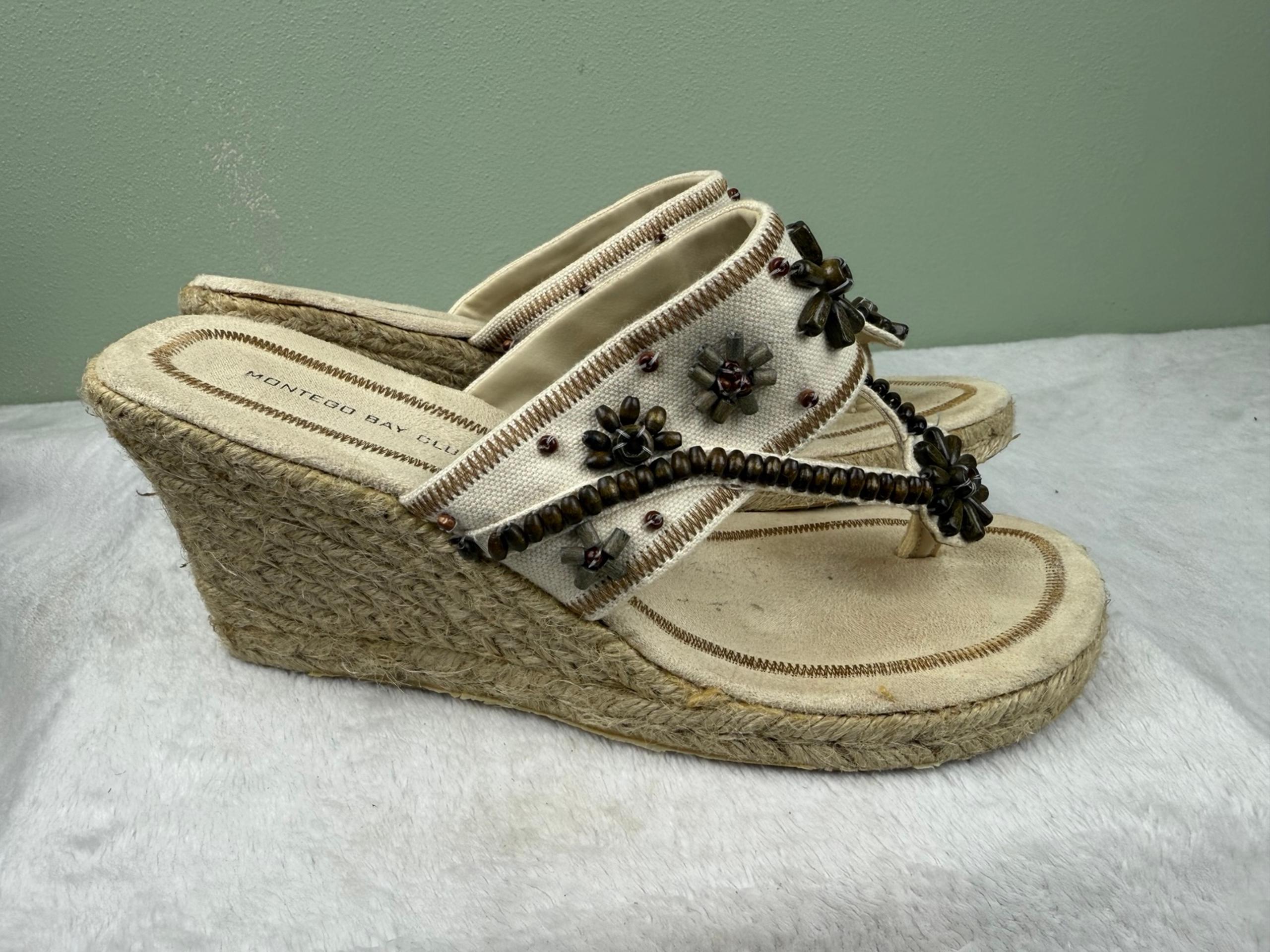 Y2K 2000’s Montego Bay Club Natural Jute Wedge Sandal Women's Size 8 Beaded Boho