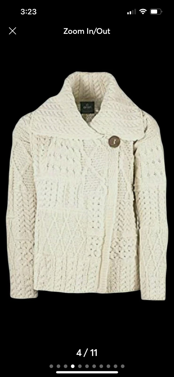 Aran Irish Merino Wool One Button Multi Knit Cardigan Sweater Cream Collared