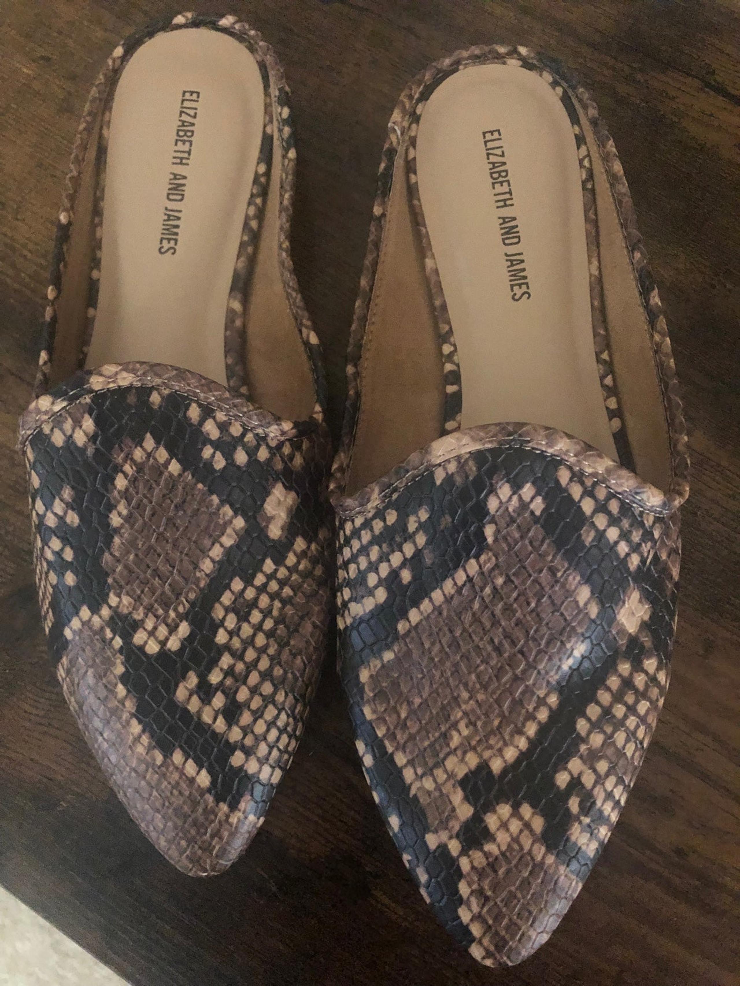 Elizabeth and James flat mules pointy toed slip on shoes Snake Print 7