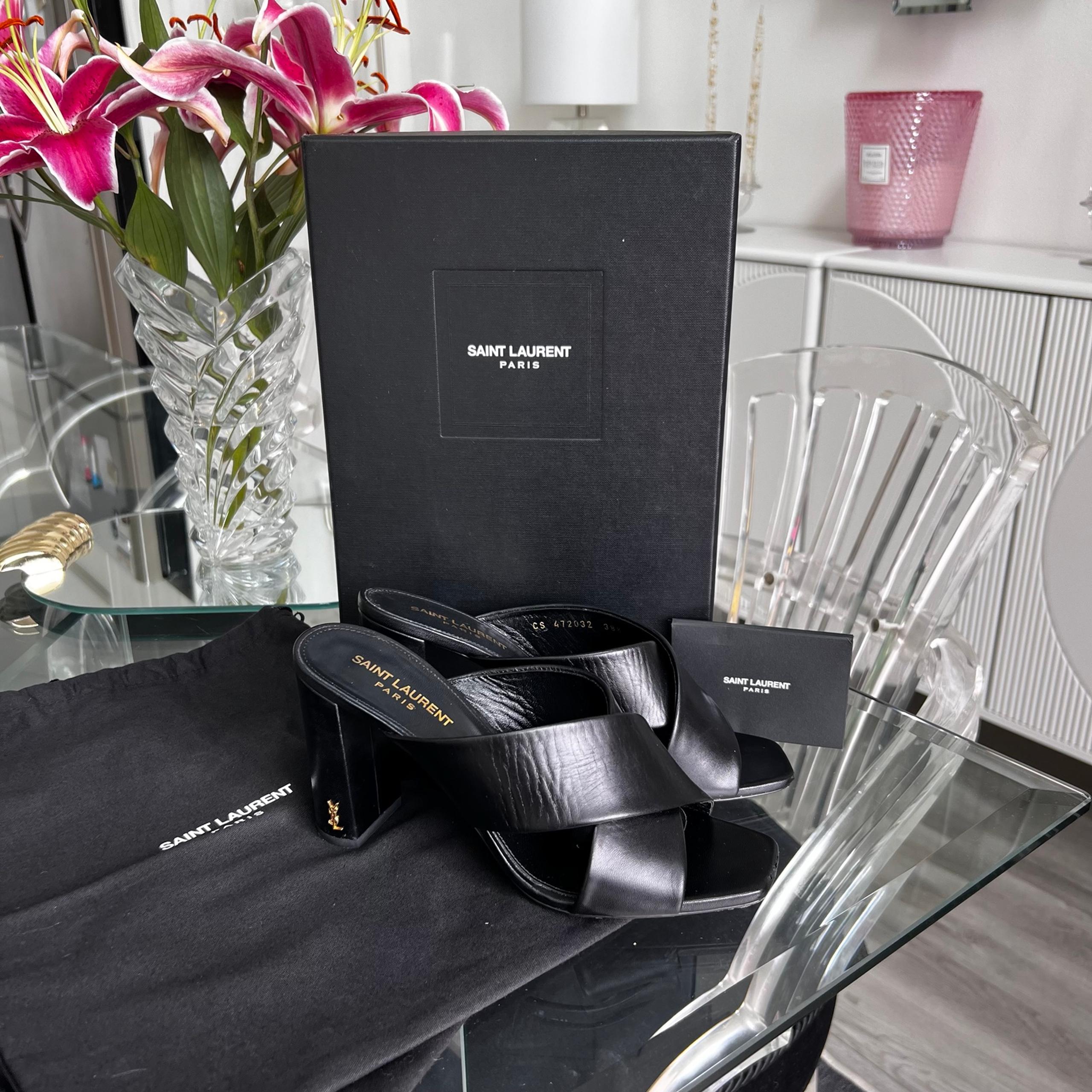 YSL Saint Laurent LouLou Black Leather Block Heel Mule Sandal 100% authentic