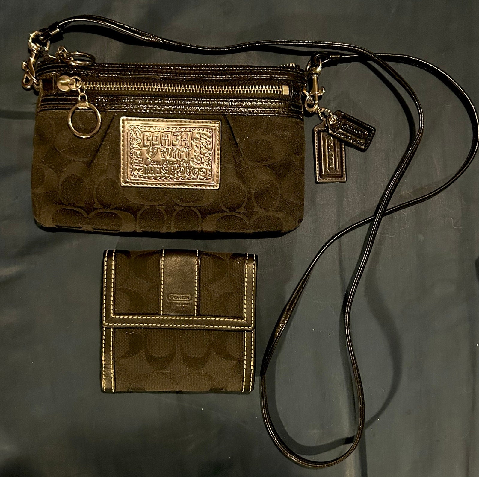 Coach POPPY Black Leather Wristlet 8” + Wallet Set!