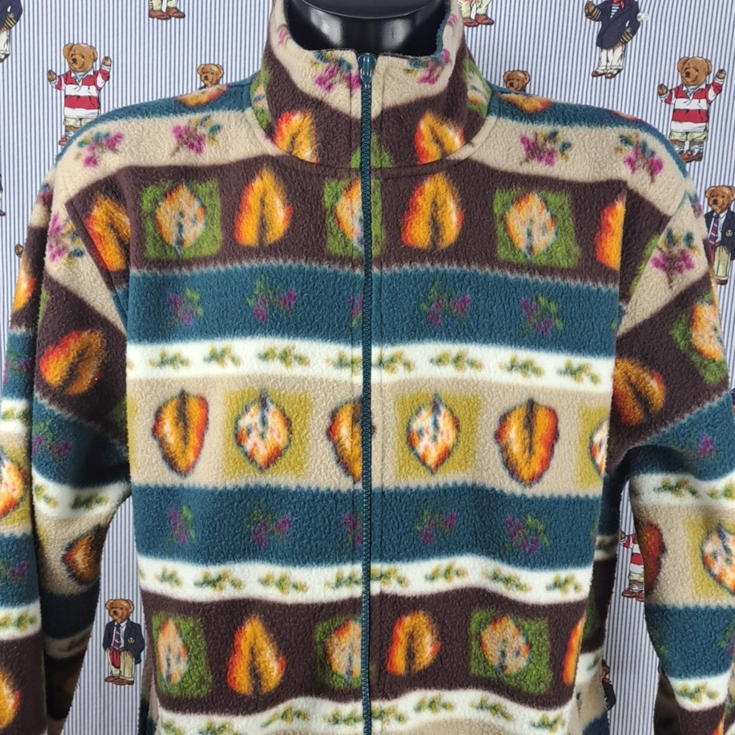 Vintage Women's multicolor stripes fall leaves full zipper fleece XL jacket