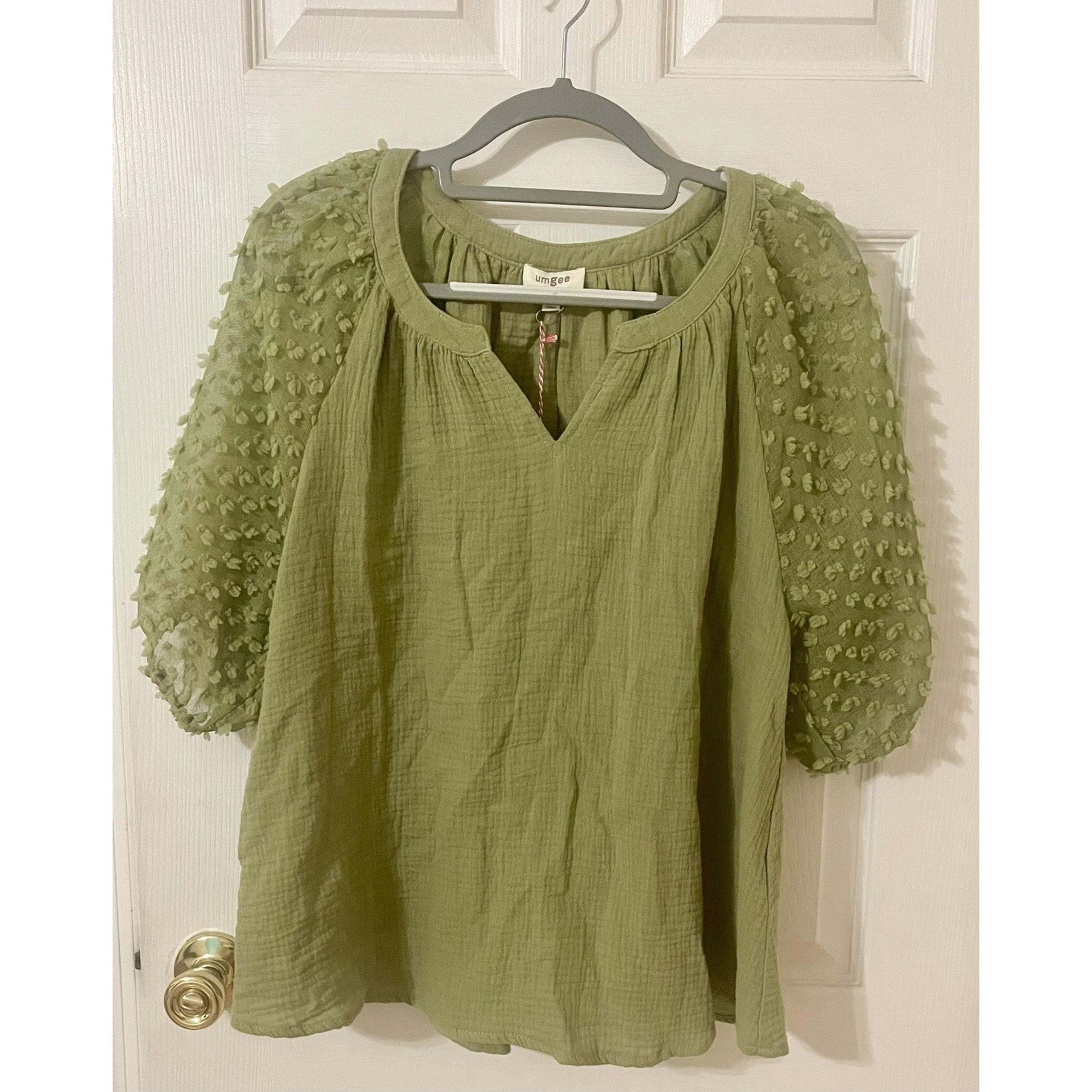 Umgee Womens Green Sheer Puff Sleeve Floral Applique Detail Gauze Blouse L. NWT