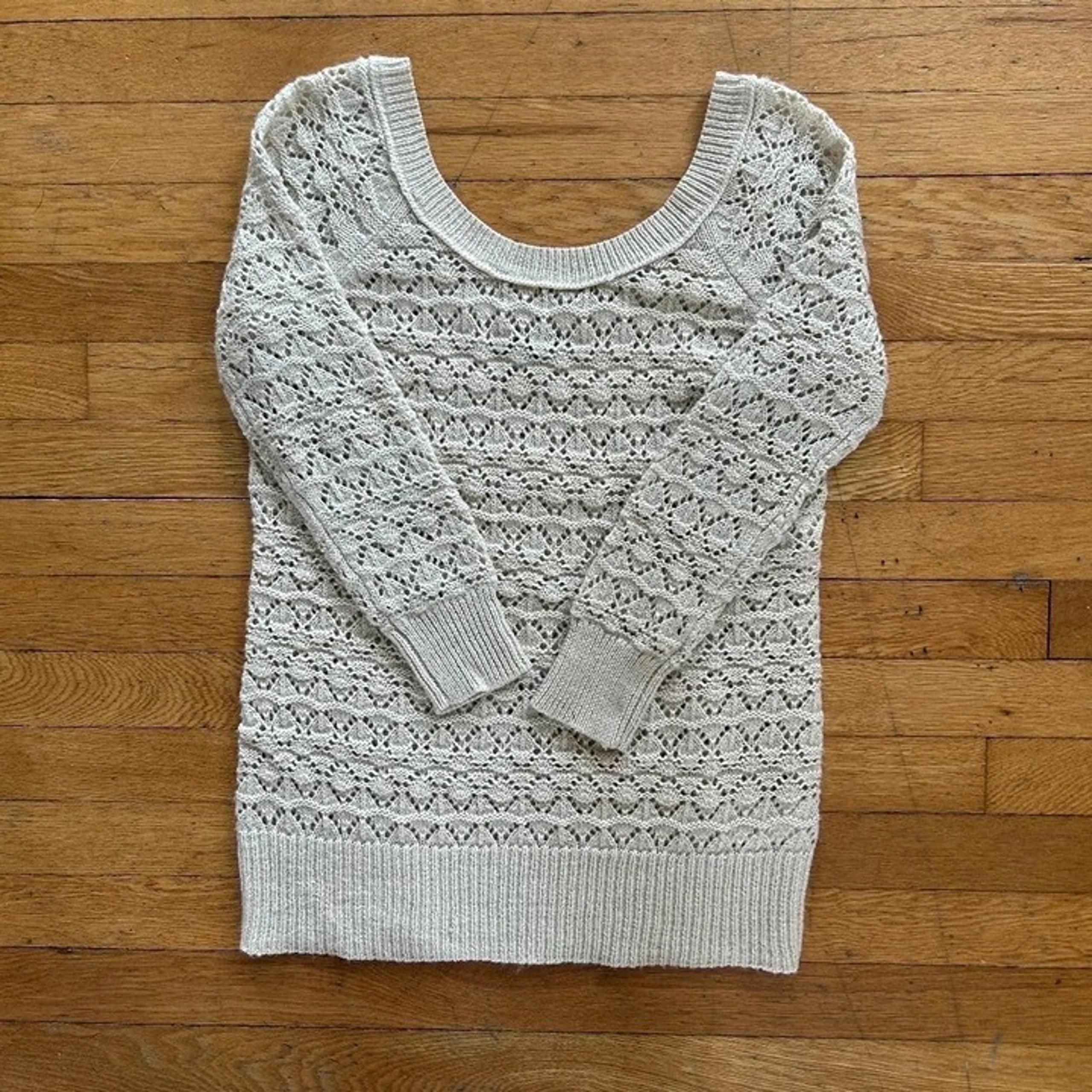 American Eagle Open Knit Beige Sweater Womens Size XS Y2K Scoop Neck Lightweight