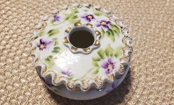 Nippon 2 pc Hair Receiver with Purple Flowers & Ruffled Lid No chips or Cracks