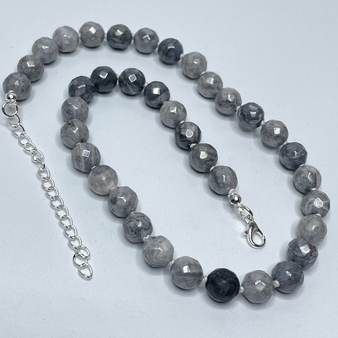 Stunning Unique Gray Picasso Jasper Gemstone Beaded Knotted Necklace 19 Boho