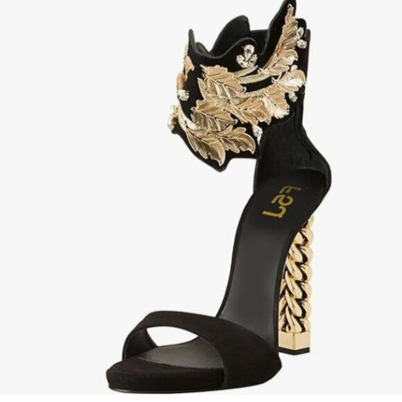 FSJ Black Vine Gold Metal Chain Chunky High Heels Ankle Strap Sandals Open Toe